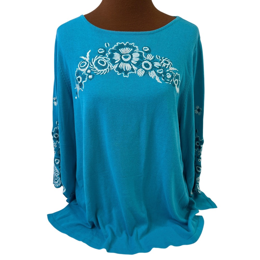 Bob Mackie Wearable Art Turquoise Blue Floral Embroidered Knit Top XL Scalloped